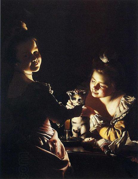 Joseph wright of derby Joseph Wright of Derby. Two Girls Dressing a Kitten China oil painting art